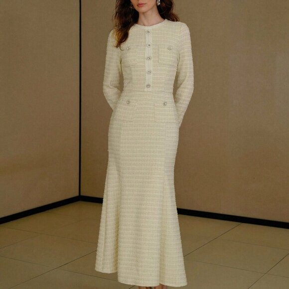 Apricot Women's Tweed Button Decor Bias Cut Dress - Picture 4 of 6